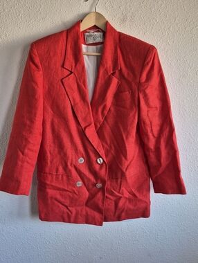 Vintage 80s International Scene Women Red Linen Blazer Double Breasted Size 9/10